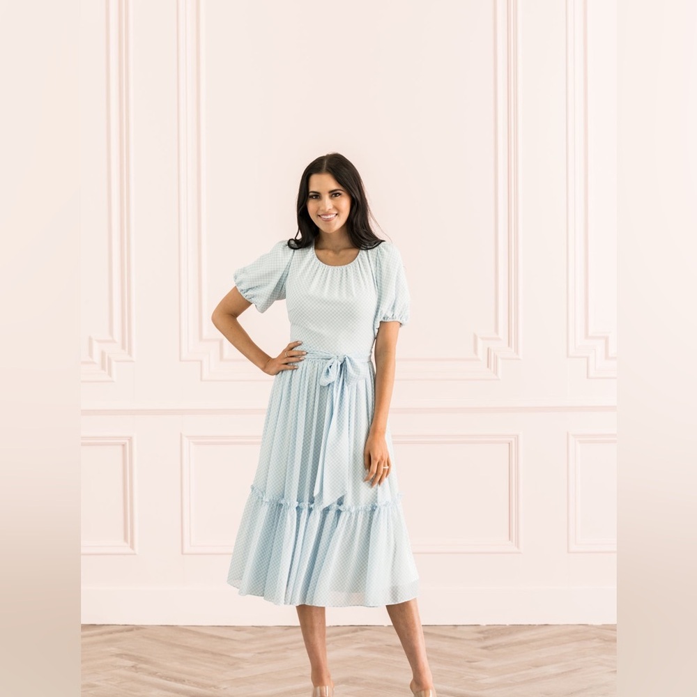 Rachel Parcell Puff Sleeve Midi Dress Tie Waist Blue White Gingham Large EUC